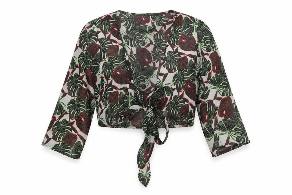 Front view of Boohoo women’s green geometric polyester basic blouse, size M, v-neck - leaf print