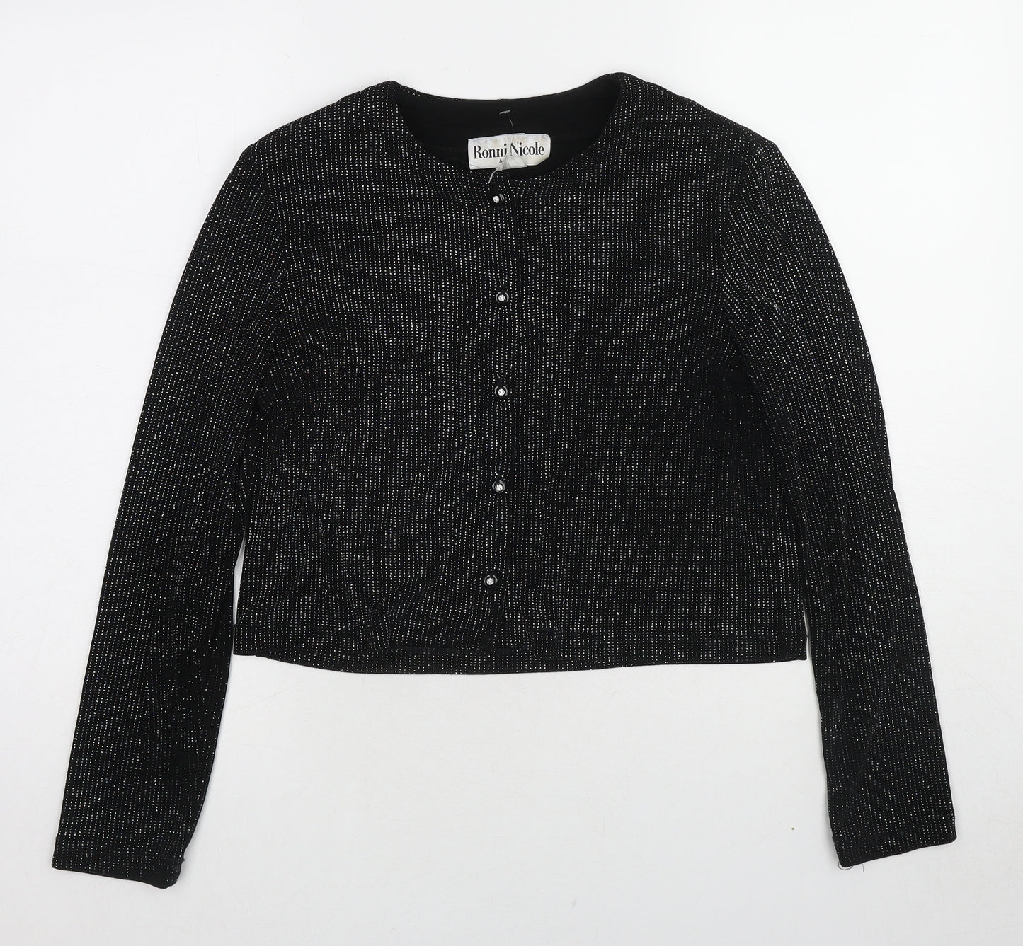 Ronni Nicole Womens Black Polyester Basic Button-Up Size M Round Neck