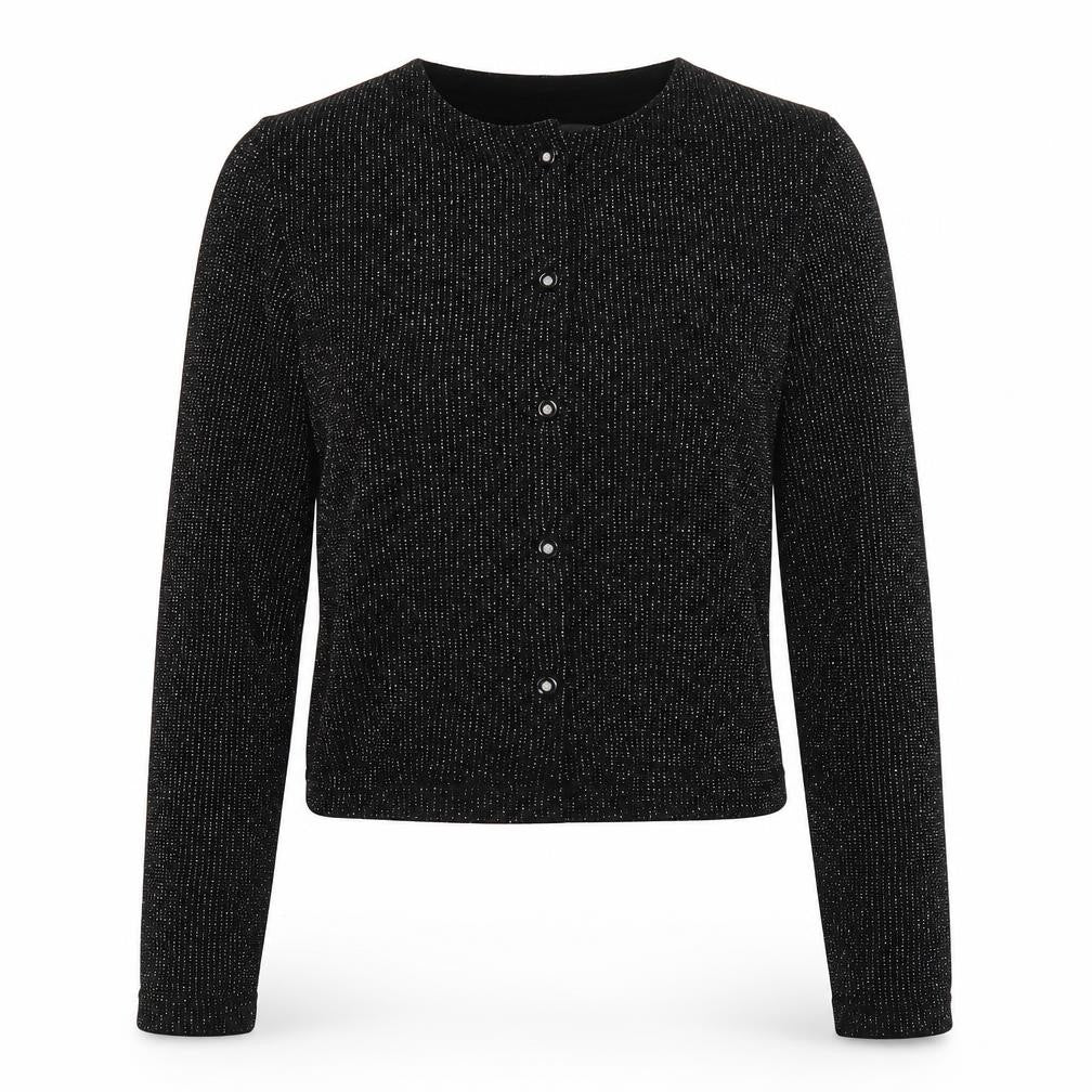 Front view of Ronni Nicole women’s black polyester basic button-up, size M, round neck