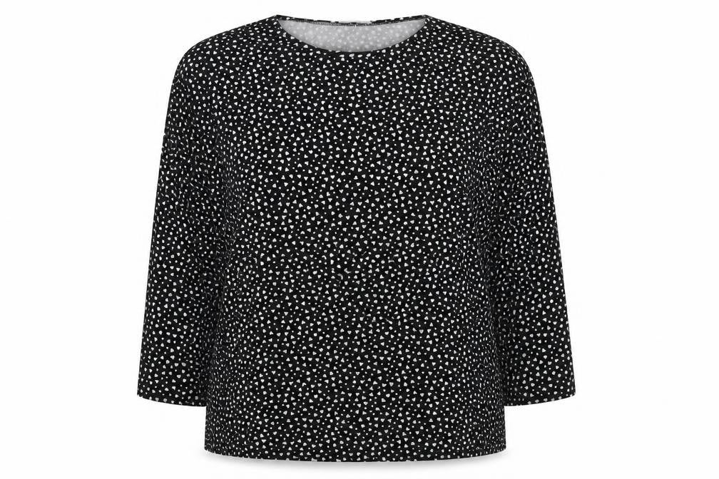 Front view of New Look women’s black geometric polyester basic blouse, size M, round neck - heart print