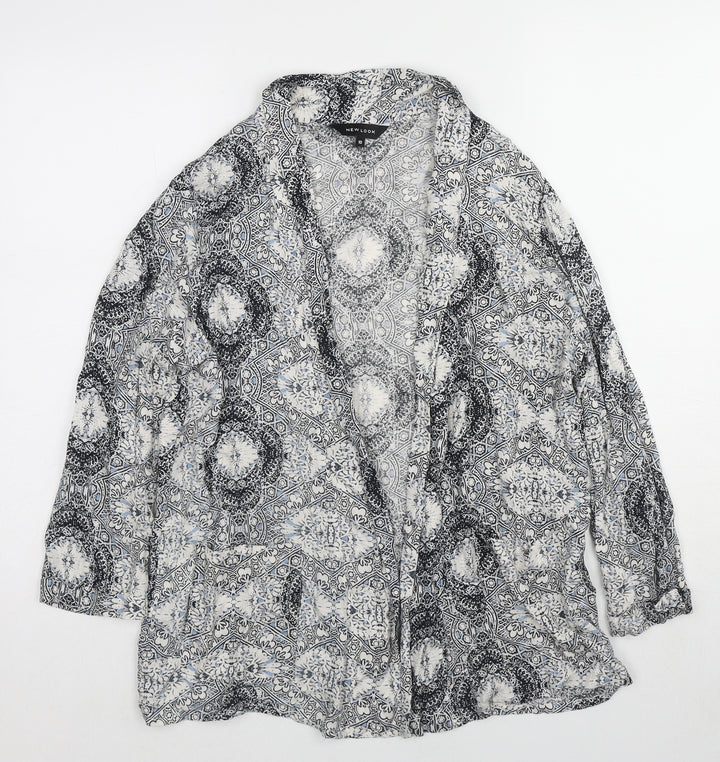 New Look Womens Grey Geometric Viscose Kimono Blouse Size 10 V-Neck