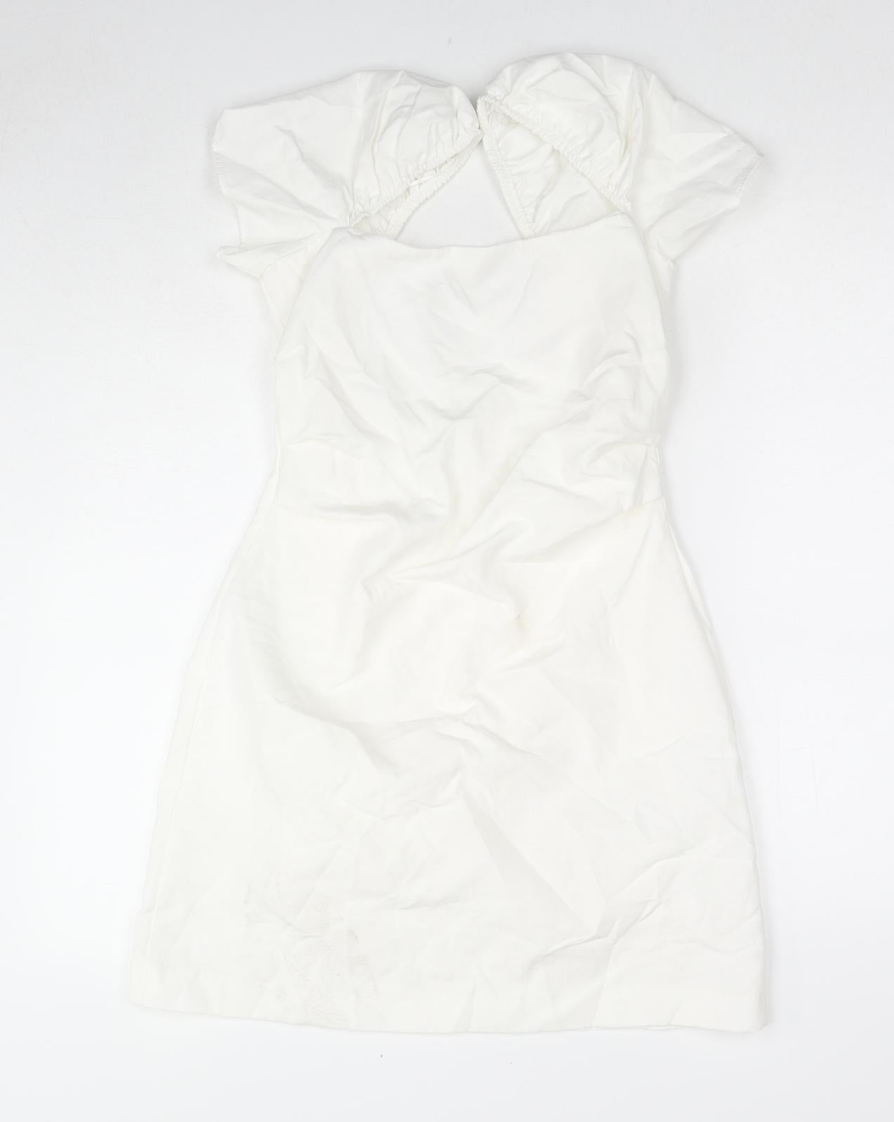 Zara Womens White Cotton Mini Size S Round Neck Zip