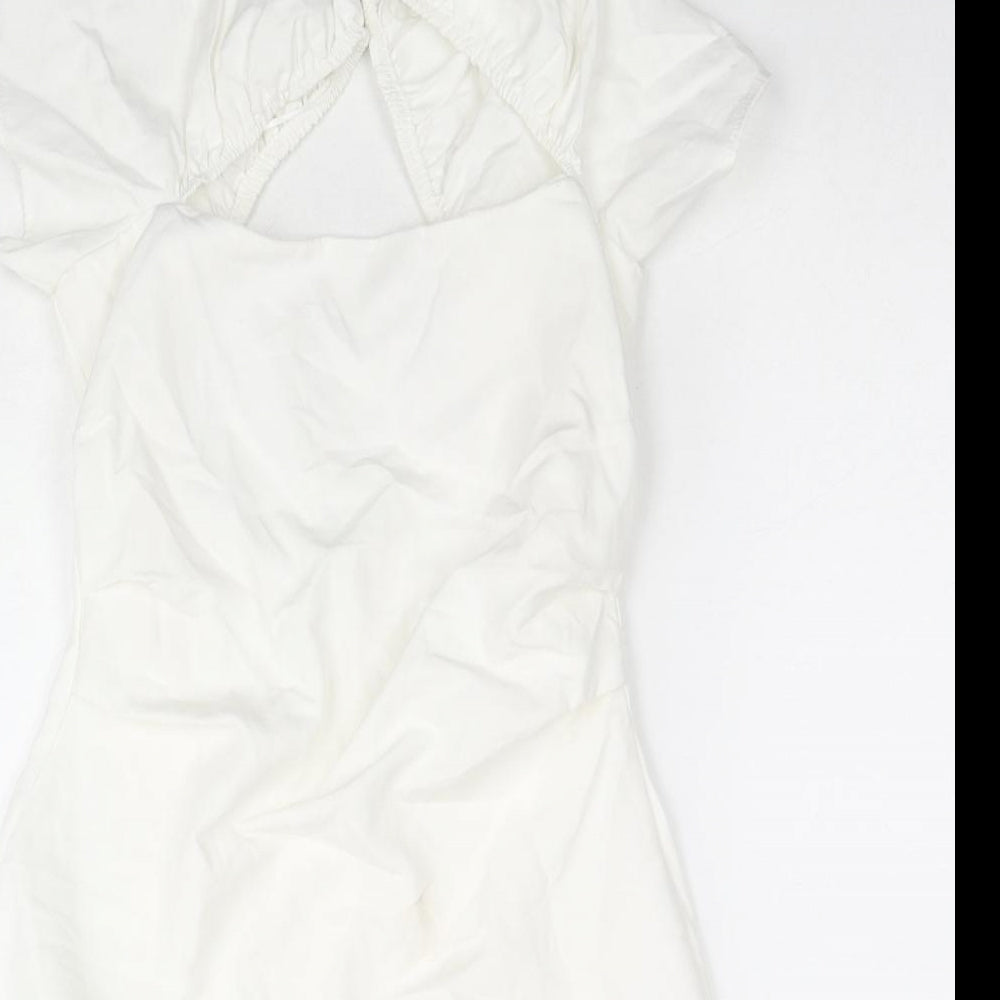 Zara Womens White Cotton Mini Size S Round Neck Zip