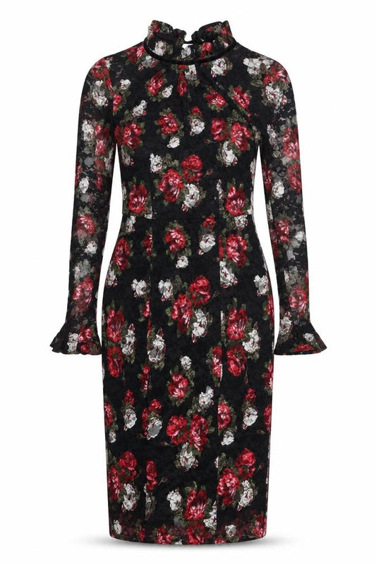 Front view of Marks & Spencer women’s multicoloured floral polyester a-line, size UK 6, mock neck zip