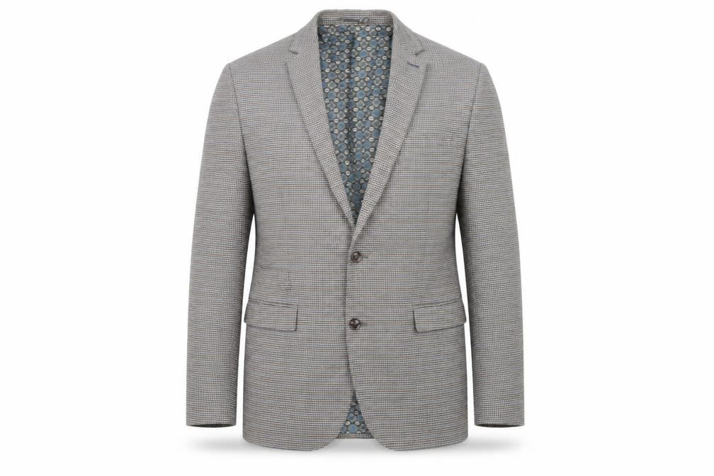 Front view of ONESIX5IVE5ive men’s brown geometric polyester jacket suit jacket, size 44, regular