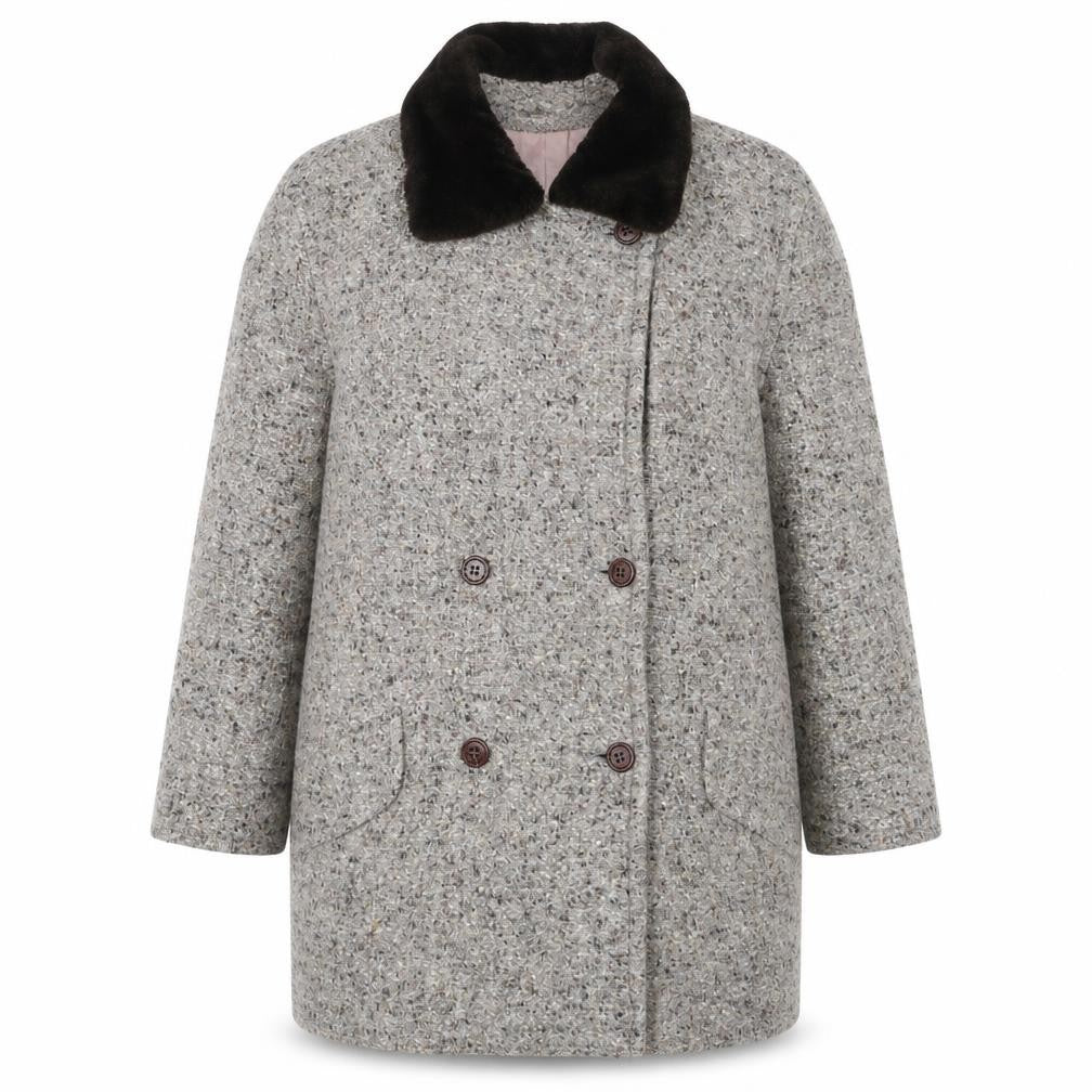 Front view of Lampert women’s brown geometric pea coat coat, size UK 16, button