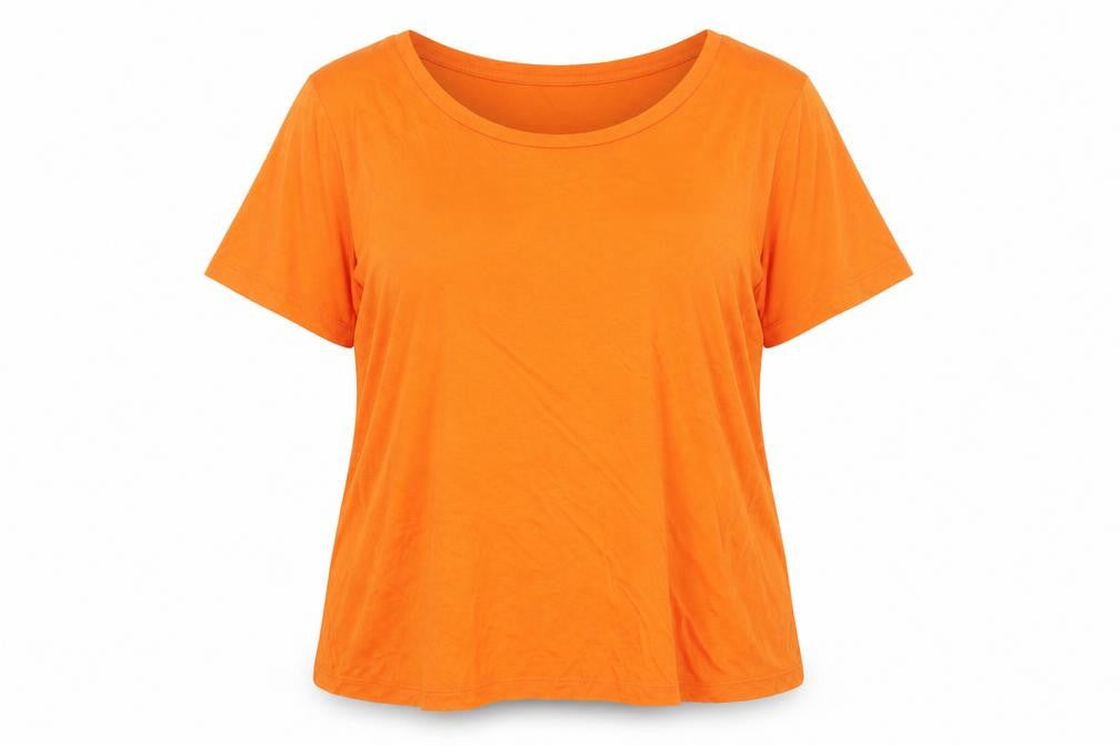 Front view of Warehouse women’s orange polyester basic t-shirt, size UK 16, round neck