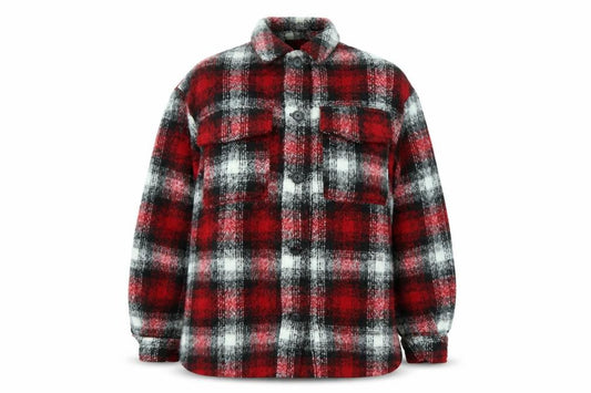 Front view of New Look women’s red plaid jacket, size UK 14, button