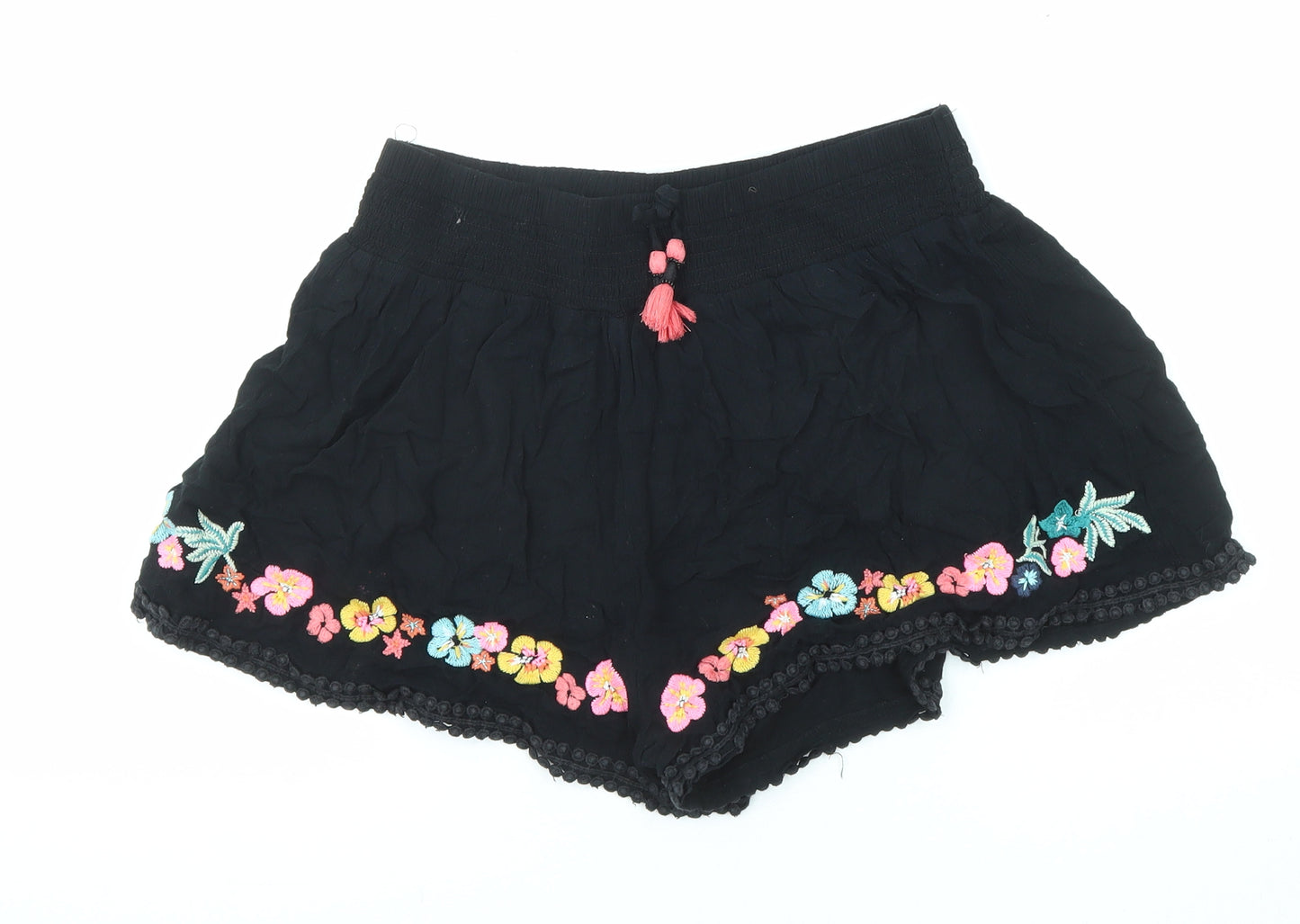 Marks and Spencer Girls Black Viscose Paperbag Shorts Size 13-14 Years Regular Drawstring - Flower Detail