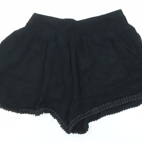 Marks and Spencer Girls Black Viscose Paperbag Shorts Size 13-14 Years Regular Drawstring - Flower Detail