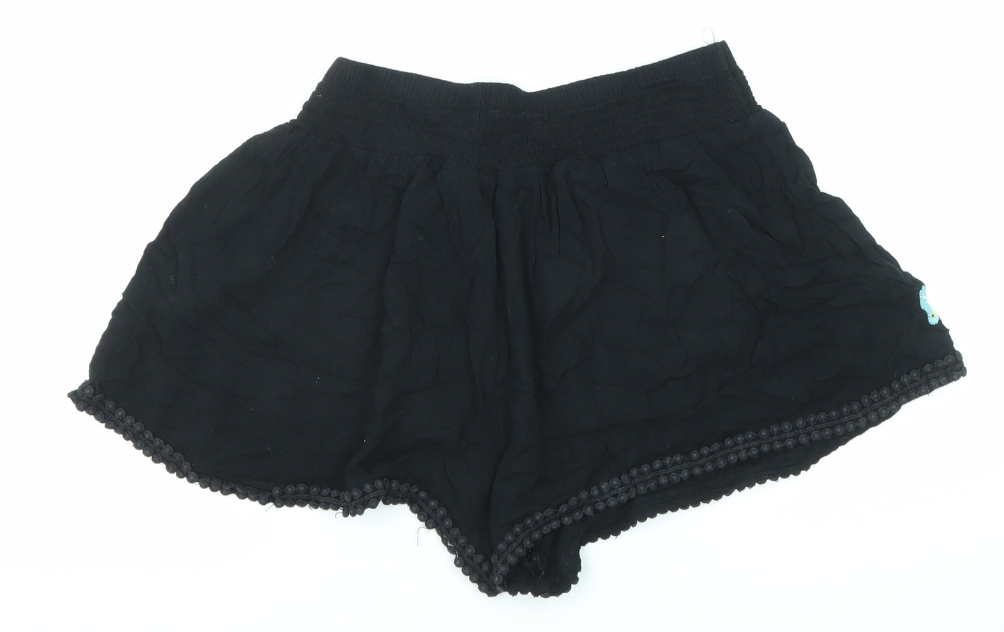 Marks and Spencer Girls Black Viscose Paperbag Shorts Size 13-14 Years Regular Drawstring - Flower Detail