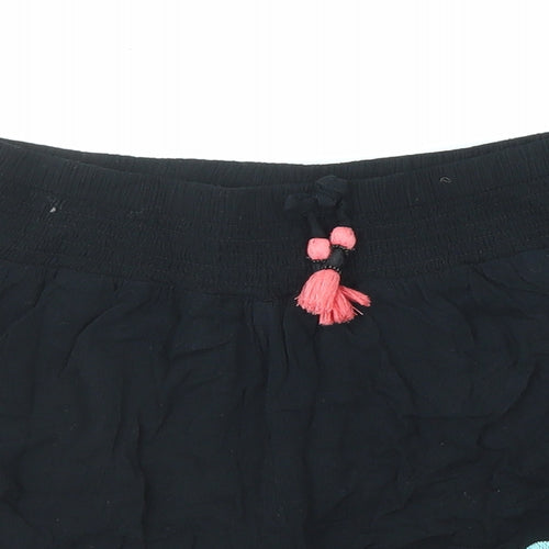Marks and Spencer Girls Black Viscose Paperbag Shorts Size 13-14 Years Regular Drawstring - Flower Detail
