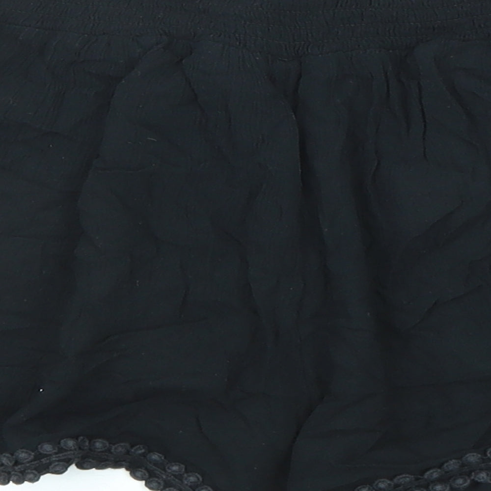 Marks and Spencer Girls Black Viscose Paperbag Shorts Size 13-14 Years Regular Drawstring - Flower Detail