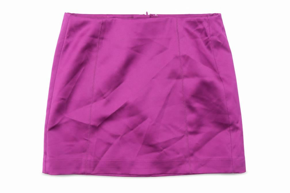 Front view of Marks & Spencer women’s purple polyester a-line skirt, size UK 12, zip