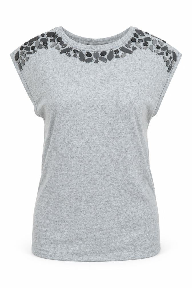 Front view of Warehouse women’s grey polyester basic t-shirt, size UK 12, round neck