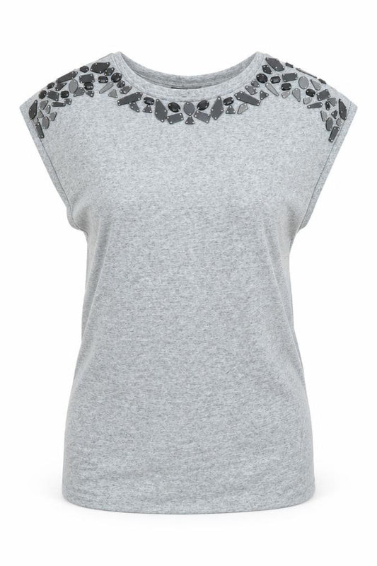 Front view of Warehouse women’s grey polyester basic t-shirt, size UK 12, round neck