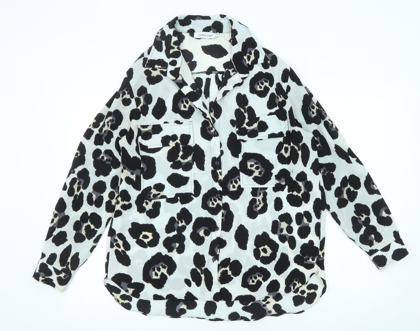 Voyelles Womens Ivory Animal Print Polyester Basic Button-Up Size S Collared - Leopard Print