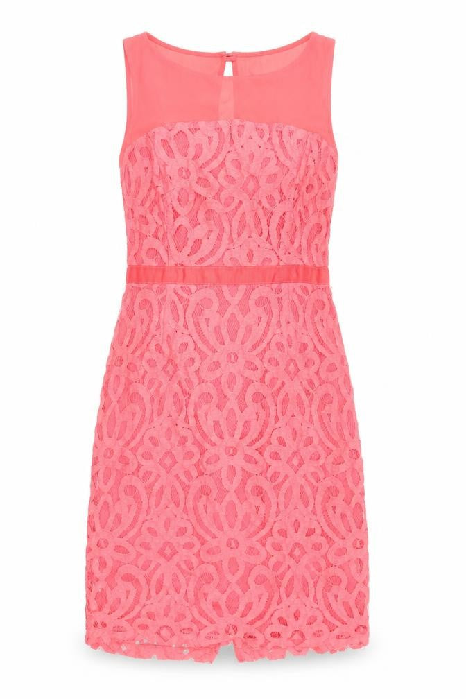 Front view of Principles women’s pink geometric polyester shift, size UK 6, boat neck zip