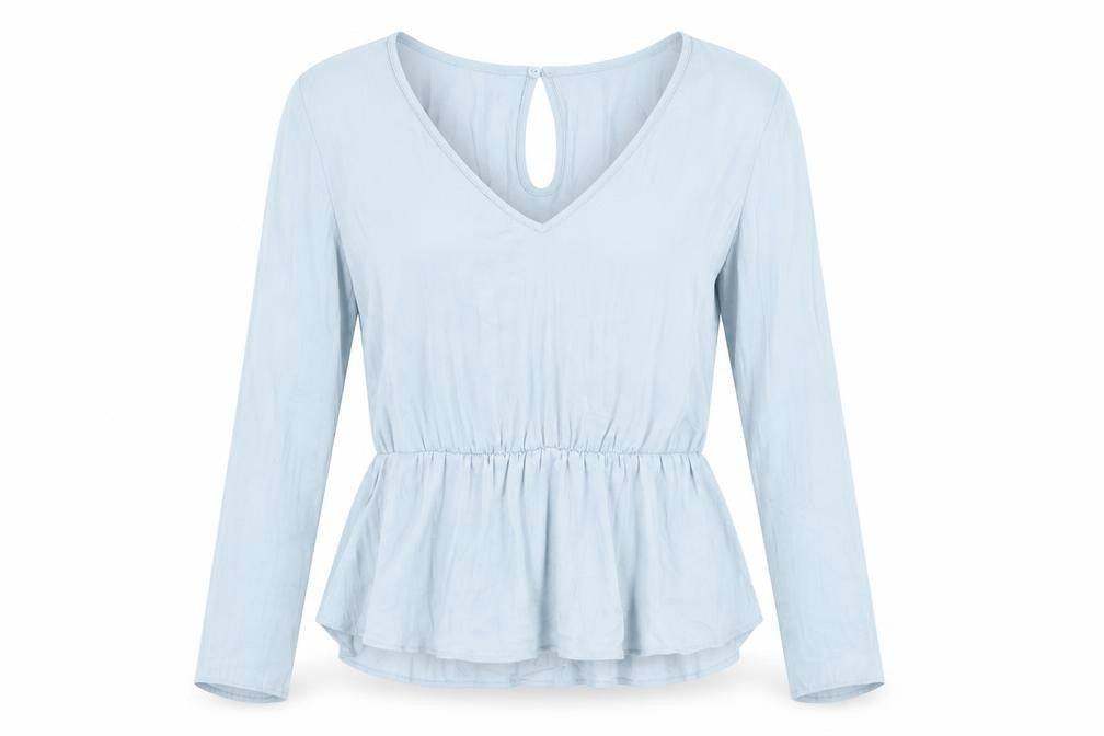 Front view of Marks & Spencer women’s grey polyester basic blouse, size UK 10, v-neck - peplum