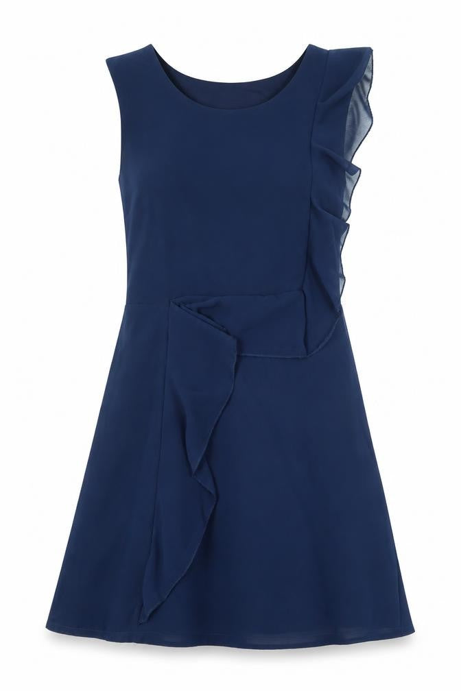 Front view of Lovestruck women’s blue polyester a-line, size M, boat neck pullover