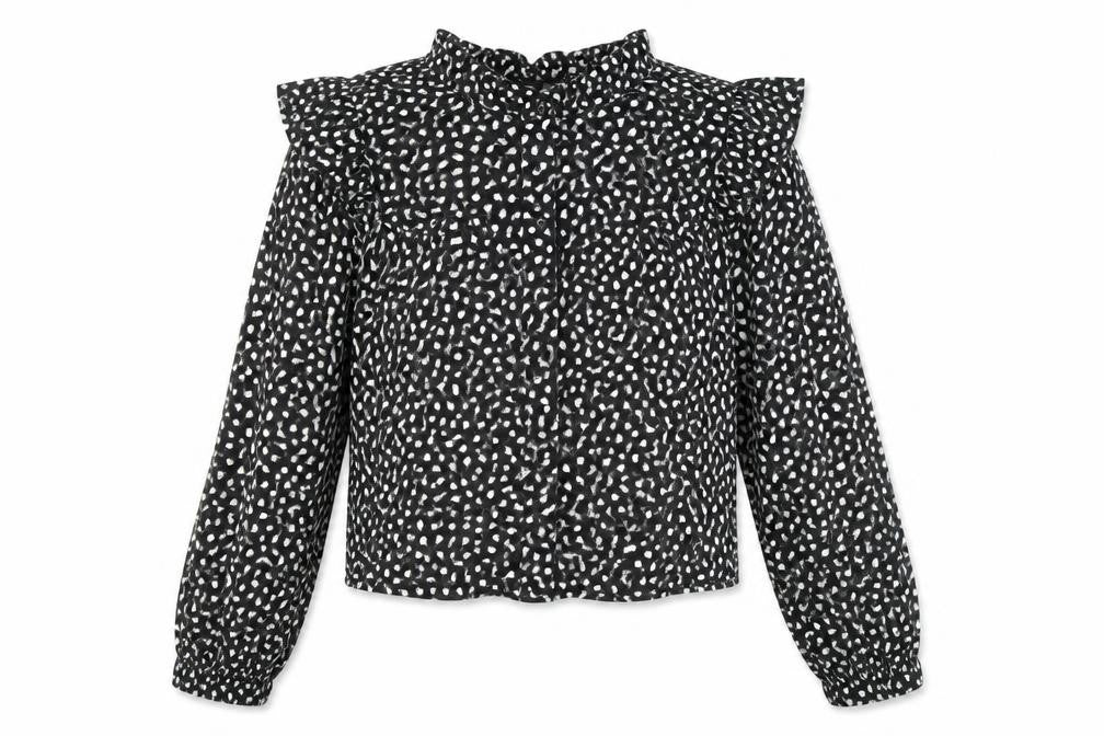Front view of Next girls’ black geometric viscose basic button-up, size 13, years v-neck button - heart pattern