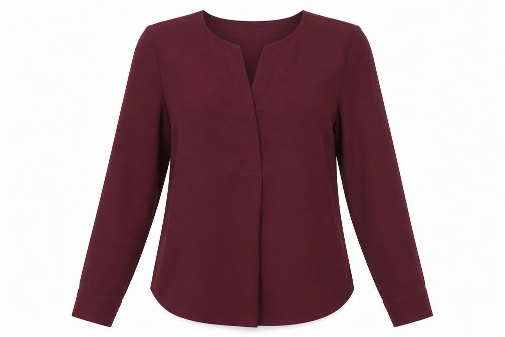 Front view of Marks & Spencer women’s purple polyester basic blouse, size UK 6, v-neck