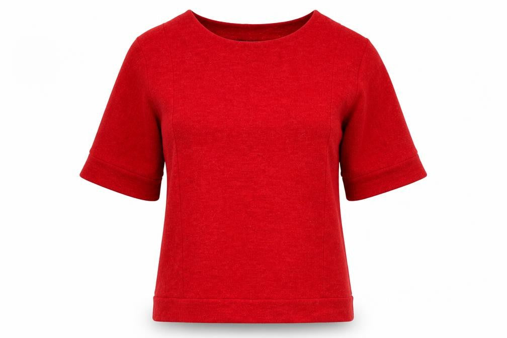 Front view of Luca Vanucci women’s red cotton basic t-shirt, size UK 8, round neck
