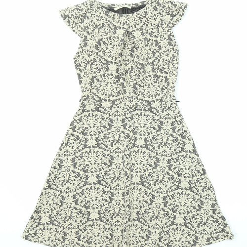 Oasis Womens Beige Geometric Cotton A-Line Size XS Boat Neck Zip - Cap Sleeve