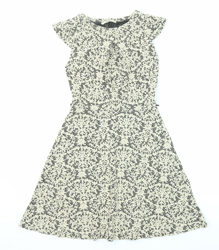 Oasis Womens Beige Geometric Cotton A-Line Size XS Boat Neck Zip - Cap Sleeve