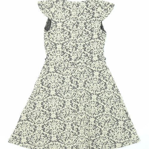 Oasis Womens Beige Geometric Cotton A-Line Size XS Boat Neck Zip - Cap Sleeve