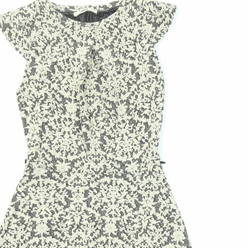 Oasis Womens Beige Geometric Cotton A-Line Size XS Boat Neck Zip - Cap Sleeve