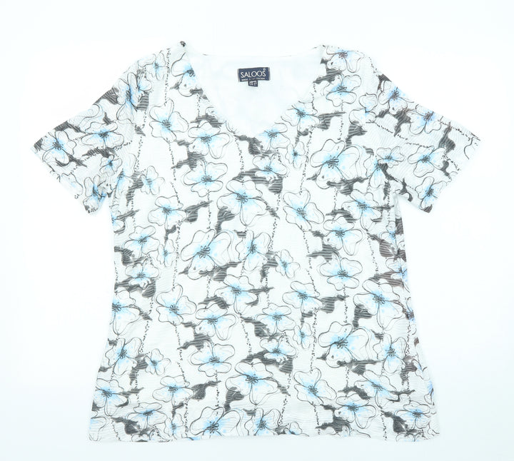 Saloos Womens White Floral Polyester Basic T-Shirt Size 16 V-Neck