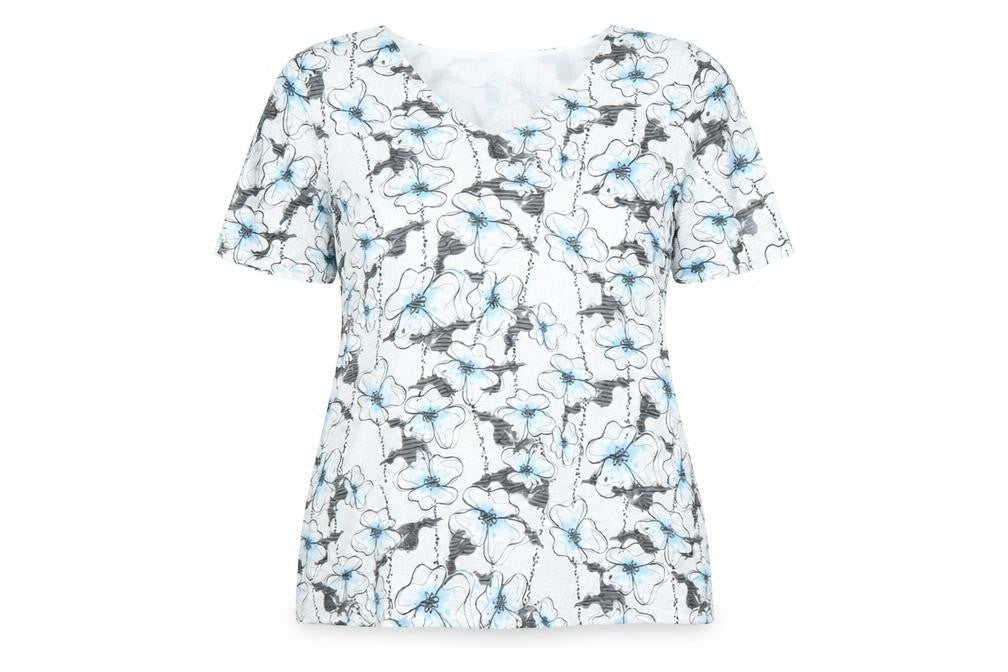 Front view of Saloos women’s white floral polyester basic t-shirt, size UK 16, v-neck
