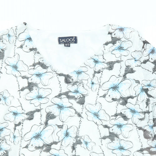 Saloos Womens White Floral Polyester Basic T-Shirt Size 16 V-Neck