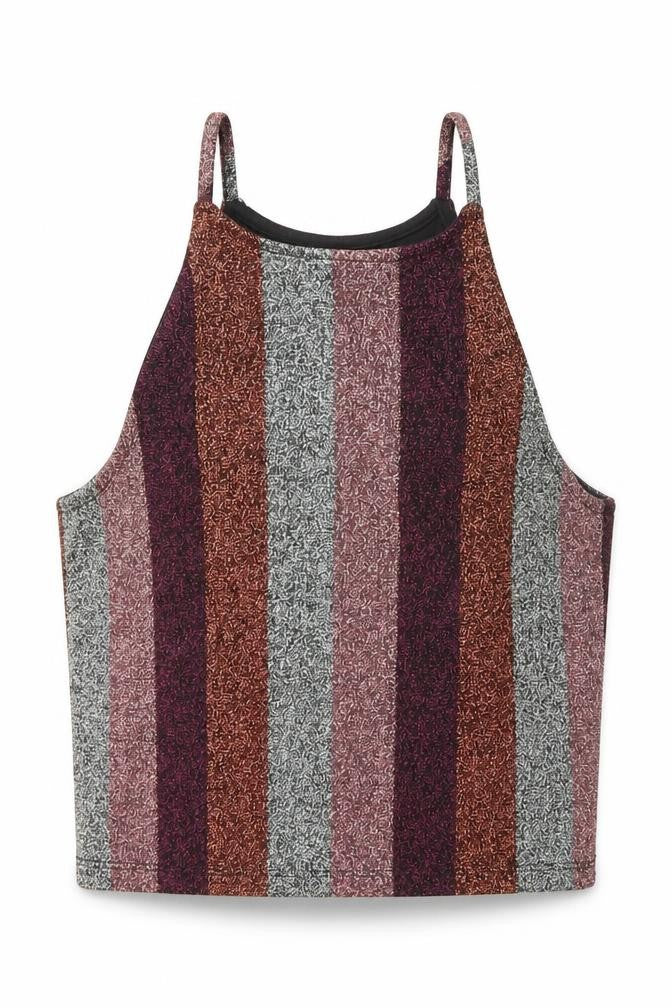 Front view of Topshop women’s multicoloured striped polyester basic tank, size UK 6, round neck