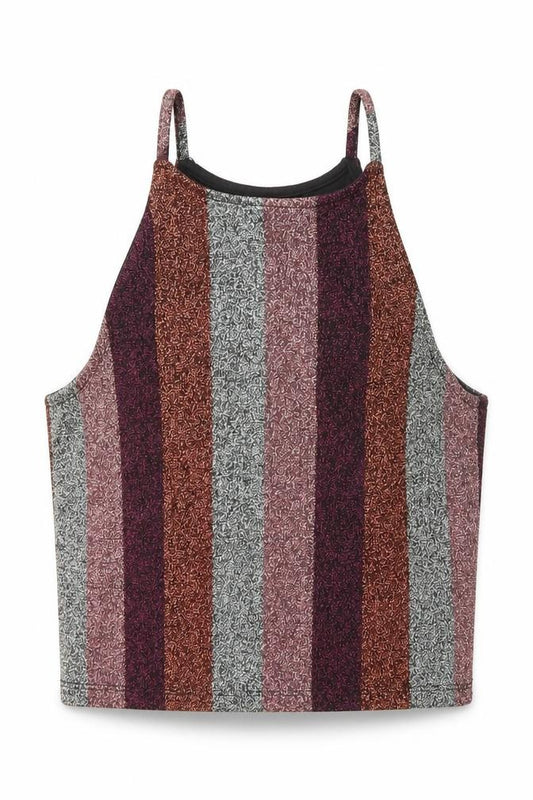 Front view of Topshop women’s multicoloured striped polyester basic tank, size UK 6, round neck