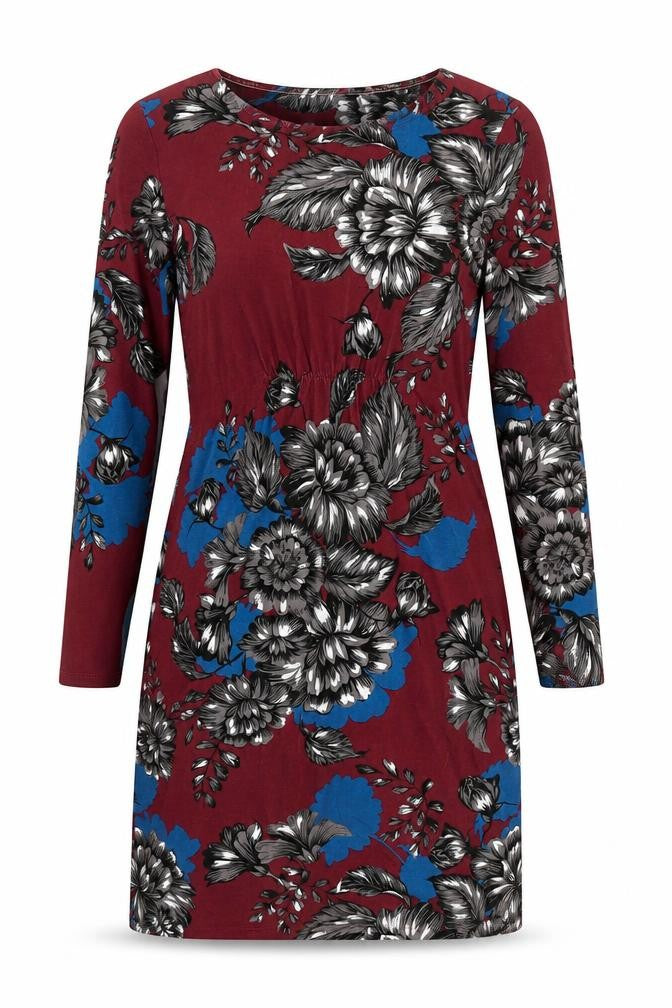 Front view of Thought women’s purple floral viscose shift, size UK 8, round neck pullover