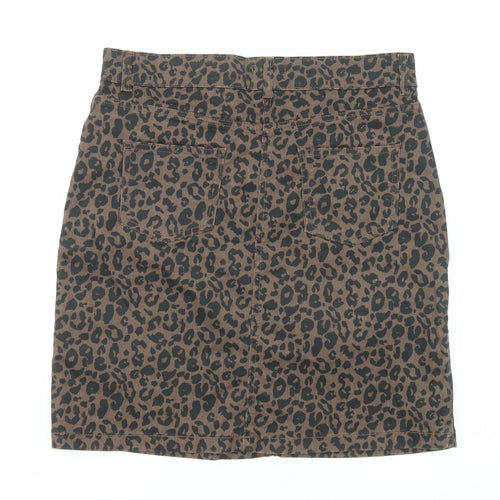 M&Co Womens Brown Animal Print Cotton A-Line Skirt Size 10 Zip - Leopard pattern