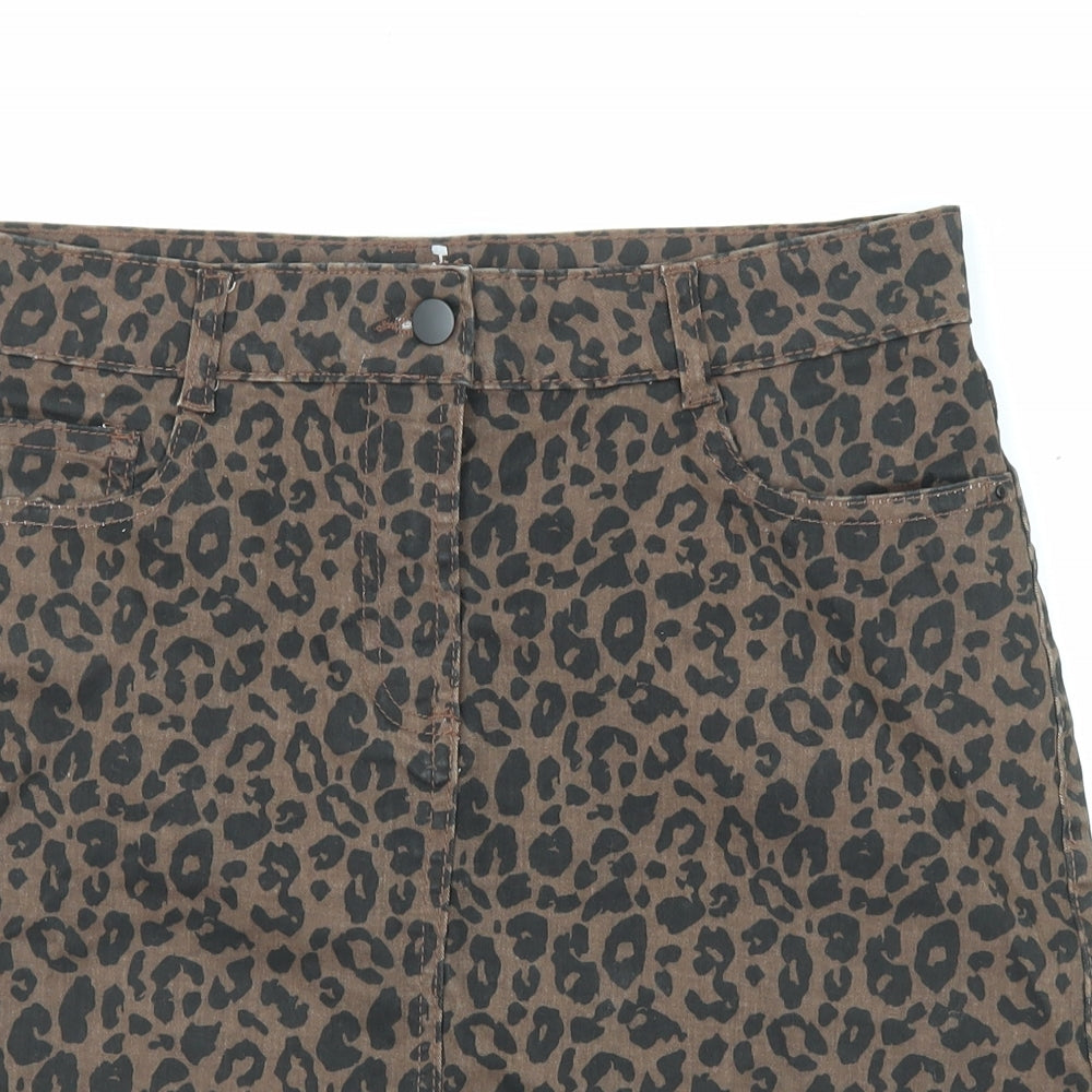 M&Co Womens Brown Animal Print Cotton A-Line Skirt Size 10 Zip - Leopard pattern