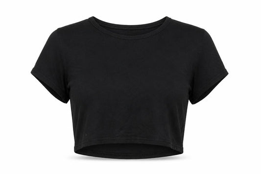 Front view of Boohoo women’s black polyester cropped t-shirt, size UK 10, round neck