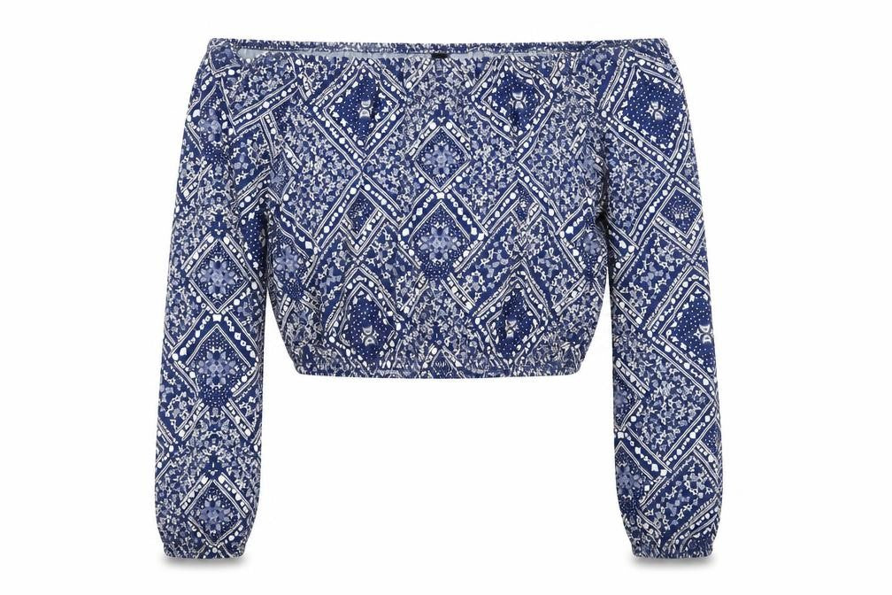 Front view of Divided by H&M women’s blue geometric viscose basic blouse, size XS, off the shoulder