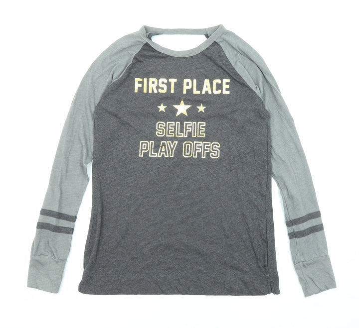 Hollister Womens Grey Cotton Basic T-Shirt Size XS Round Neck - Selfie Play Offs Open Back