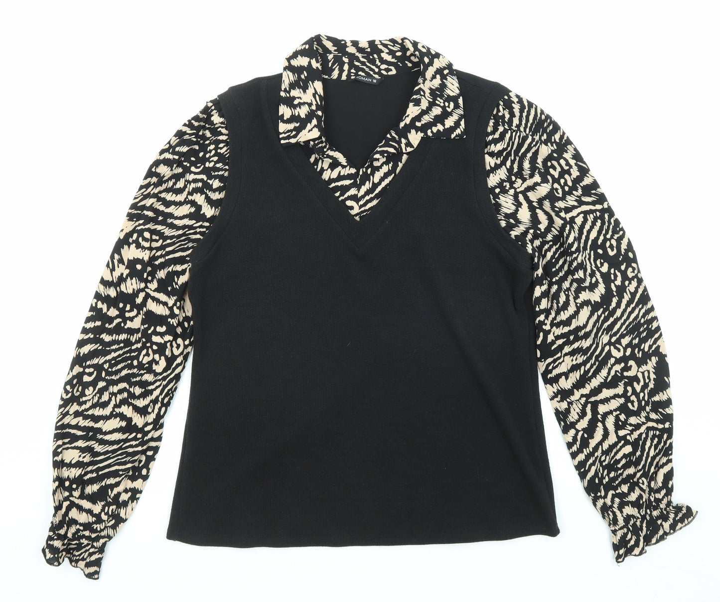 Roman Womens Black Collared Animal Print Acrylic Pullover Jumper Size 16 - Tiger pattern