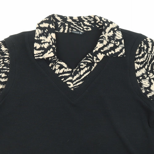 Roman Womens Black Collared Animal Print Acrylic Pullover Jumper Size 16 - Tiger pattern