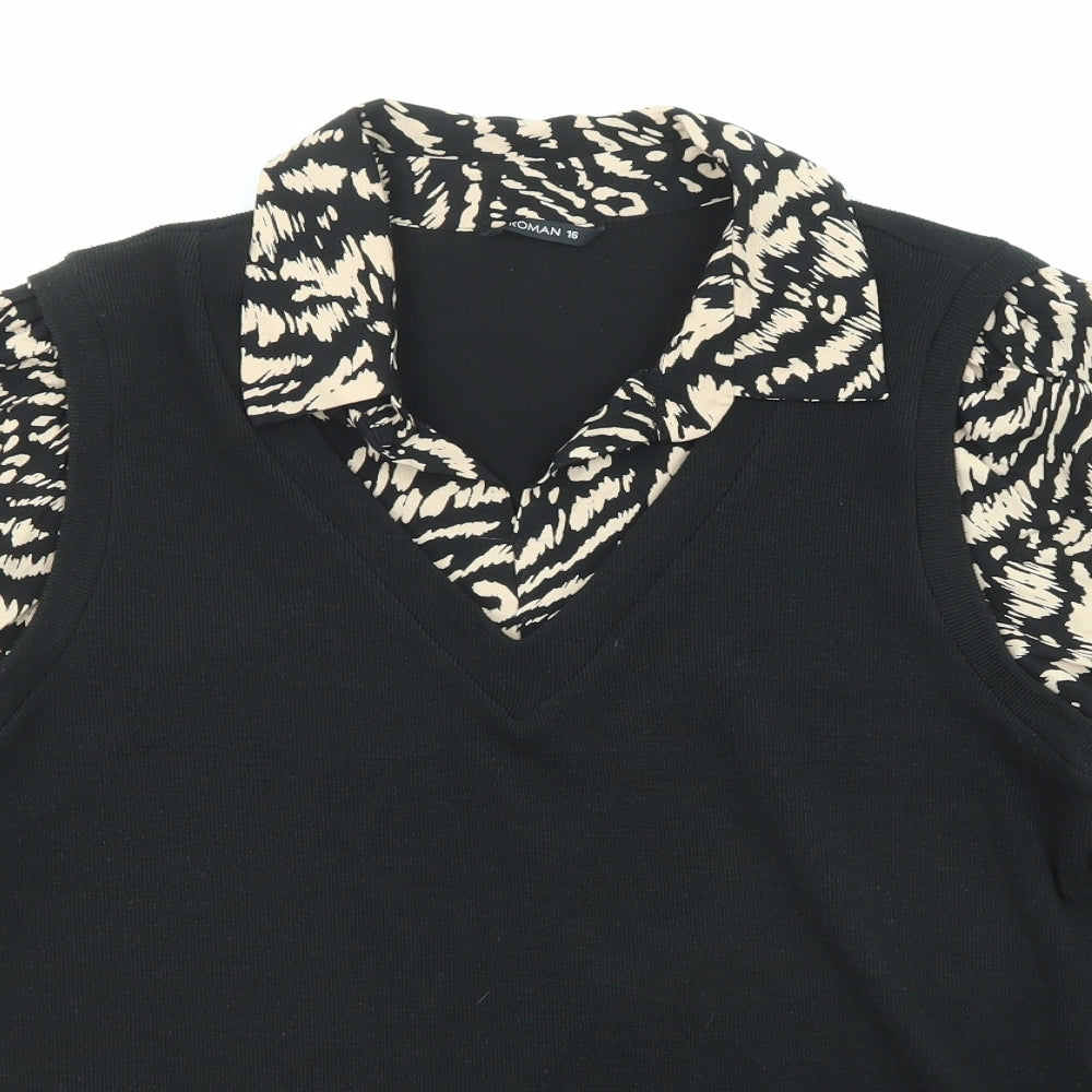 Roman Womens Black Collared Animal Print Acrylic Pullover Jumper Size 16 - Tiger pattern