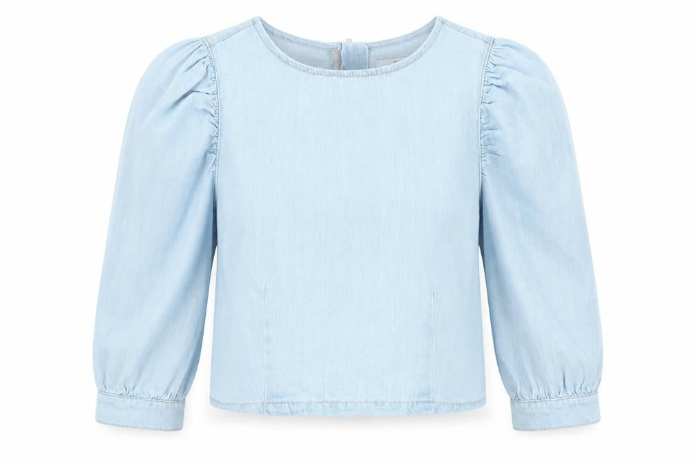 Front view of New Look women’s blue cotton basic blouse, size UK 12, round neck