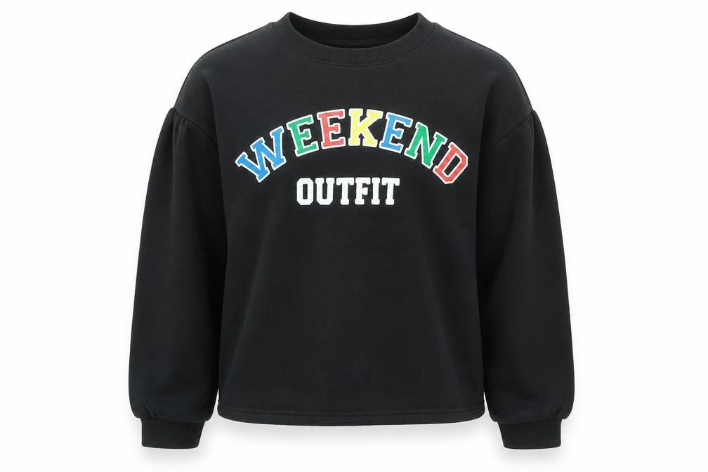 Front view of River Island girls’ black cotton pullover sweatshirt, size 11-12, years pullover - weekend
