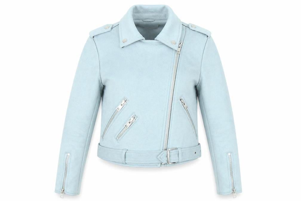 Front view of Zara women’s blue biker jacket, size XS, zip