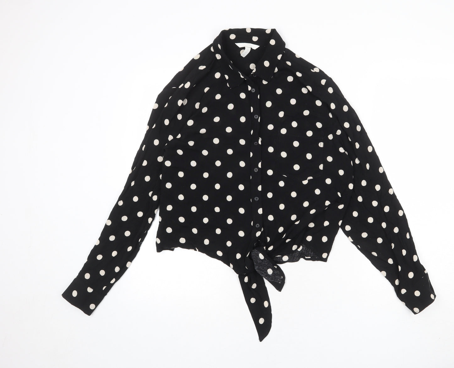 H&M Womens Black Polka Dot Viscose Basic Button-Up Size M Collared - Tie Front Detail