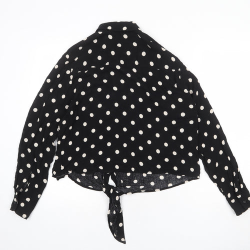 H&M Womens Black Polka Dot Viscose Basic Button-Up Size M Collared - Tie Front Detail